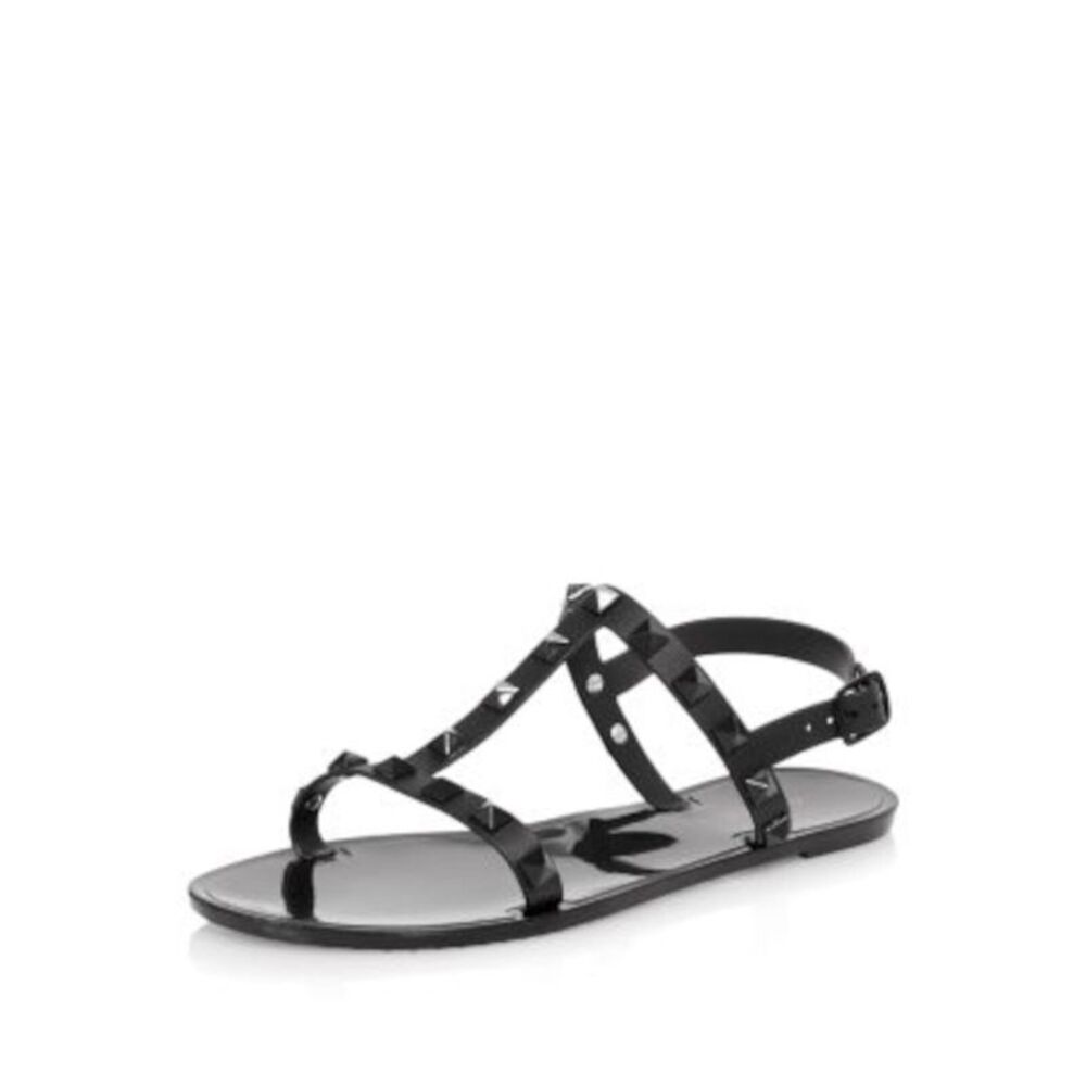 AQUA Womens Black T Strap Studded Jelly Sandal Ii Round Toe Slingback Sandal 10